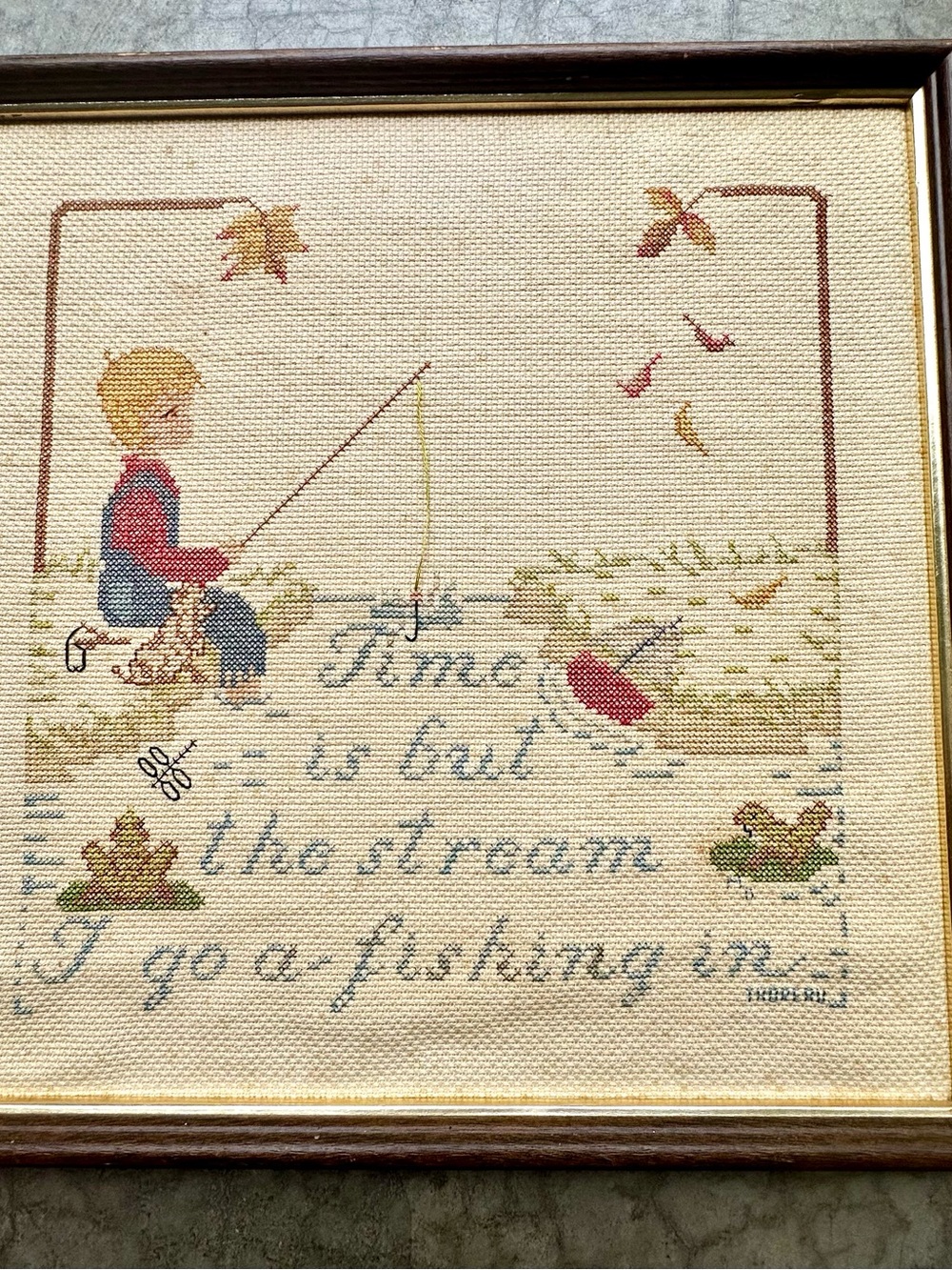 Vtg Framed Handmade Counted Cross-Stitch "Time Is But the stream I go a-fishing" - Picture 3 of 7
